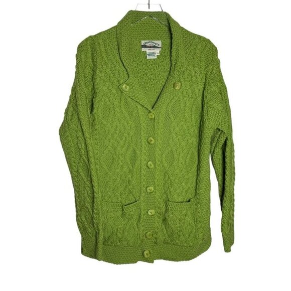 Aran Crafts Womens Green Cable Knit Cardigan Sweater Merino Wool - Picture 8 of 8